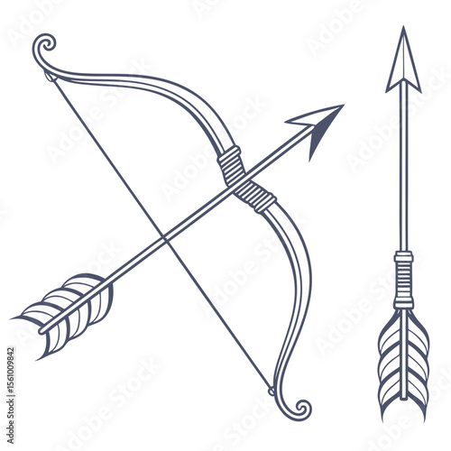 Dark blue bow and arrow icons on white background archery weapon