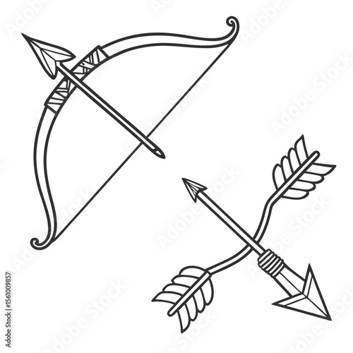 Bow and arrow crossed with fletching and arrowhead details archery weapon