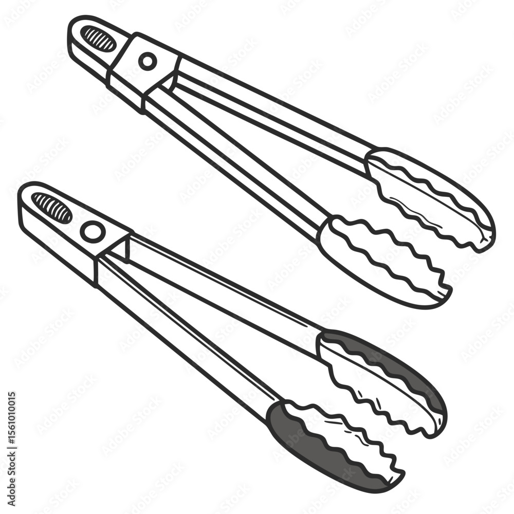 Fototapeta premium Two black line art kitchen tongs on white background barbecue tongs cooking utensils