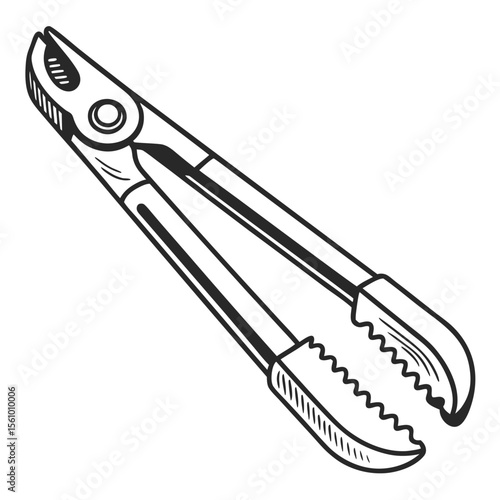 Black and white drawing of kitchen tongs kitchen utensil cooking