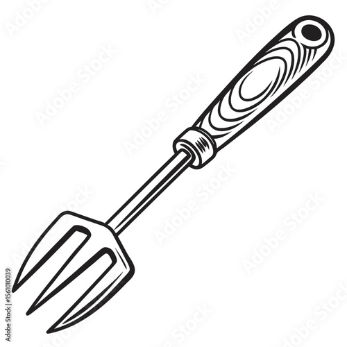 Black and white illustration of a garden fork gardening tool outline