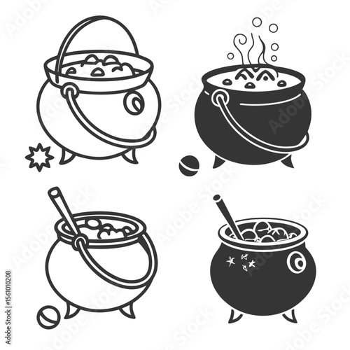 Four stylized cauldrons with bubbling contents and magical elements cooking brewing
