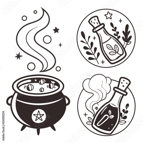 Witchy cauldron and potion bottle icons with botanical elements magic