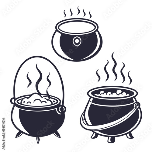 Three dark cauldrons with bubbling contents and steam boiling