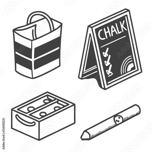 Chalkboard shopping bag pencil and sharpener icons education