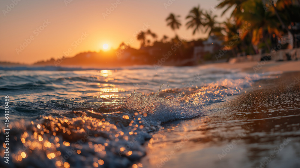 Obraz premium Golden Sunset Serenity: A breathtaking coastal scene unfolds as the sun dips towards the horizon, casting a warm, golden hue over the tranquil ocean. The gentle waves caress the shoreline.