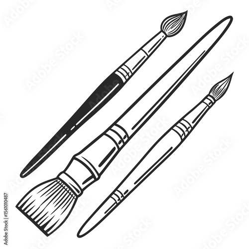 Three black paint brushes with varying bristle sizes and handle designs art supplies