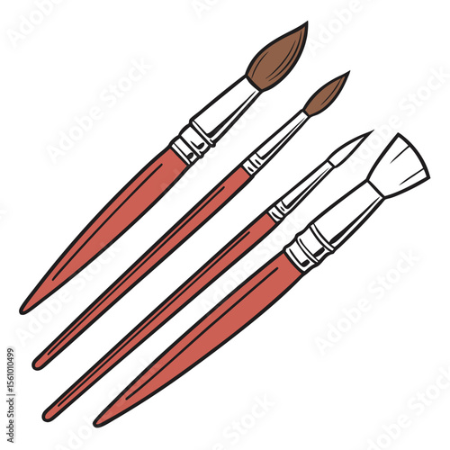 Assorted paint brushes with brown bristles and red handles art supplies drawing tools
