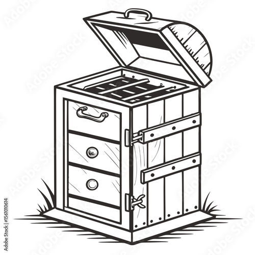 Wooden smoker box with open lid and drawers barbecue grill