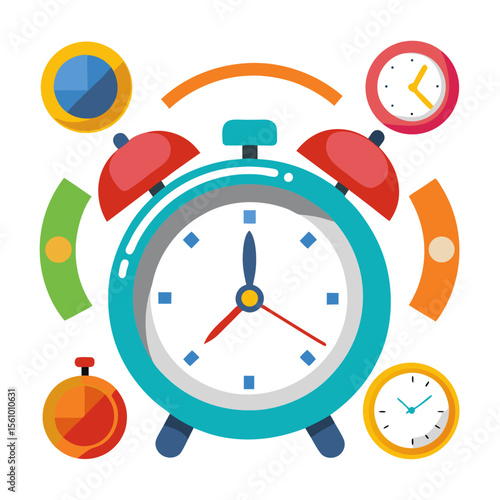 Colorful alarm clocks and timekeeping devices arranged around a central clock timer