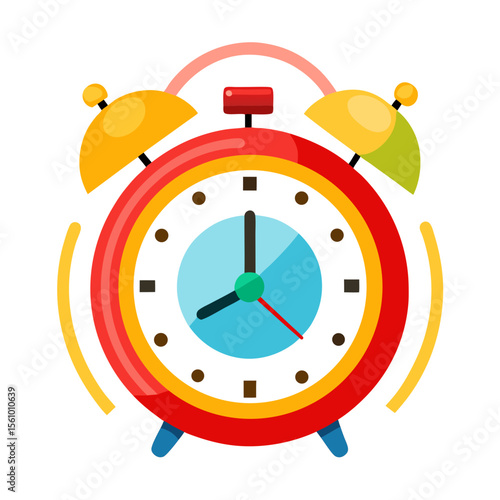 Red alarm clock with yellow bells and blue feet time wake up