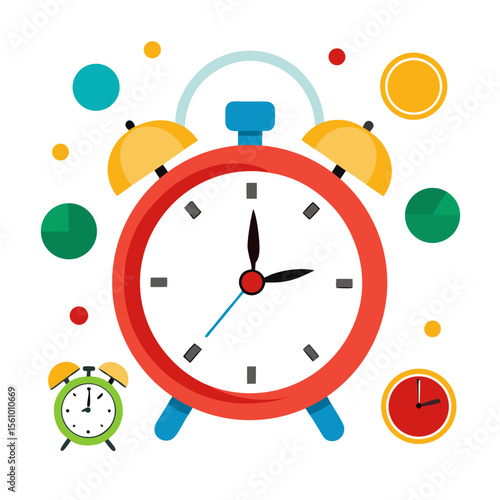 Colorful alarm clocks and scattered circles on white time green