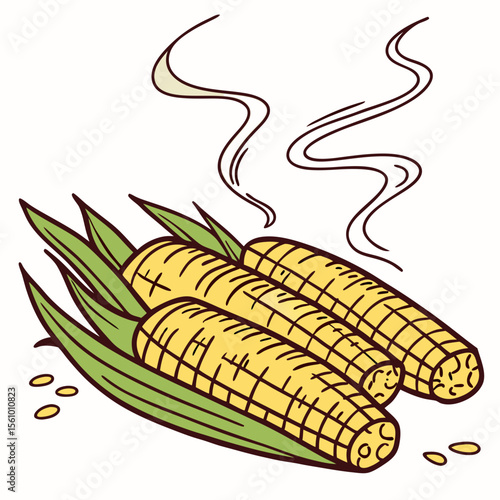 Three hot grilled corn cobs with green husks corn on the cob food