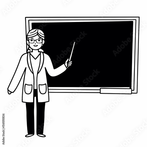 Woman teacher with pointer at blackboard classroom