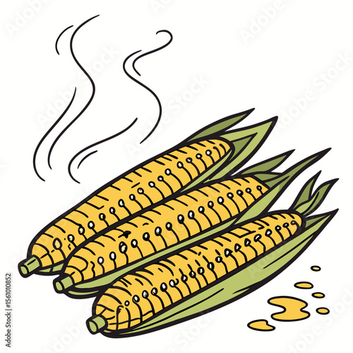 Three grilled corn cobs with steam and butter corn on the cob food