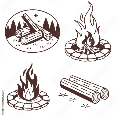 Campfire logs and flames icons fire pit wood