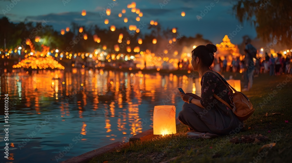 Fototapeta premium A woman enjoys the sky lantern festival, sitting by the water as lanterns illuminate the night sky, creating a magical ambiance.