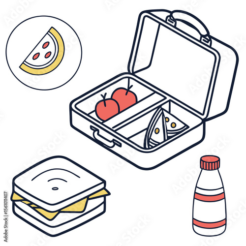 Lunchbox with food and drink items sandwich tomatoes