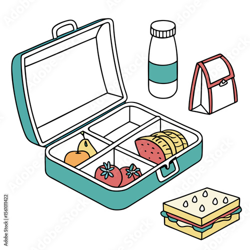 Lunchbox with food bottle and sandwich fruit