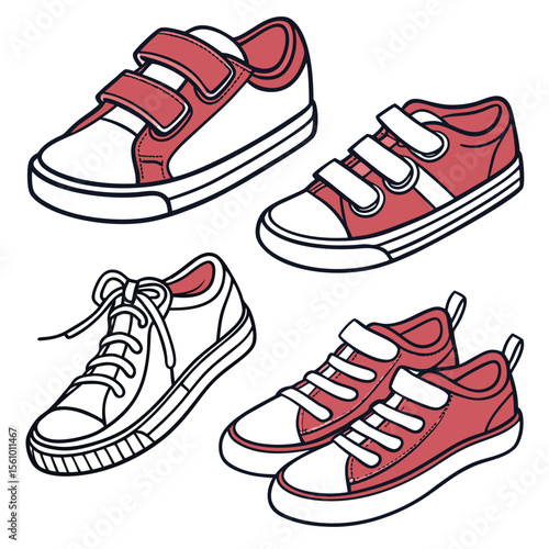 Red and white sneakers with laces and velcro shoes footwear