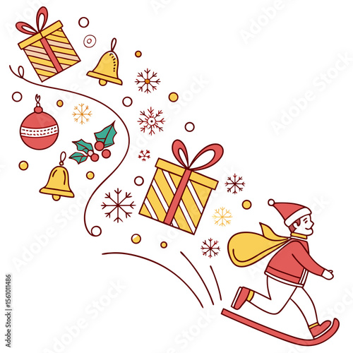 Festive winter scene with Santa sledding christmas gifts
