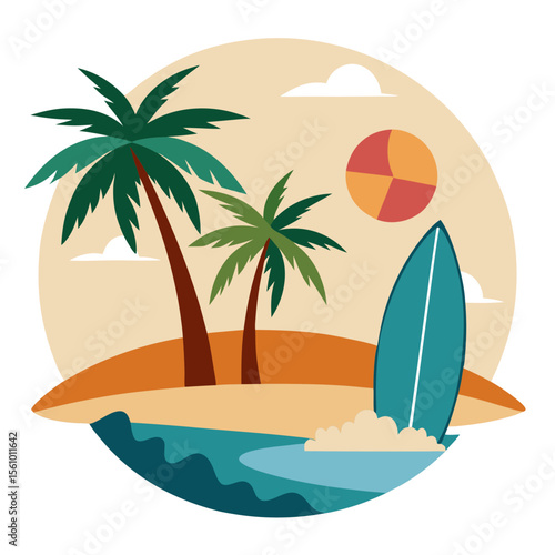 Tropical beach scene with palm trees ocean and surfboard vacation