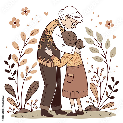 Grandparents hugging grandchild with floral elements family love