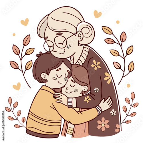 Grandmother and grandchildren embracing with love and warmth family