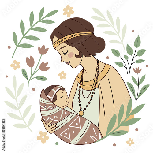Mother holding baby surrounded by nature elements swaddled