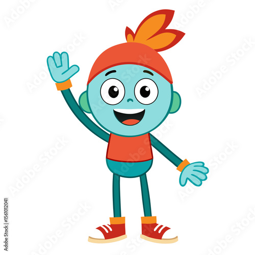 Cheerful cartoon character waving hello friendly greeting