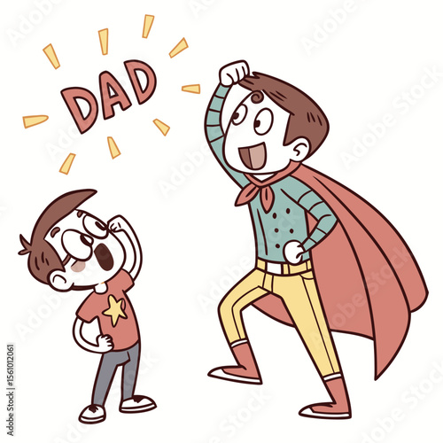 Excited boy admires dad dressed as superhero cartoon father