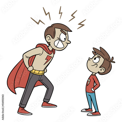 Angry father in superhero costume scolding son cape