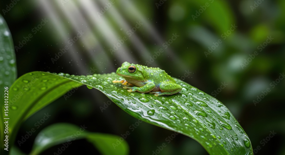 A small green frog sitting on a large green leaf covered in water droplets with sun rays above it A small green frog sitting on a large green leaf covered in water droplets with sun rays above it