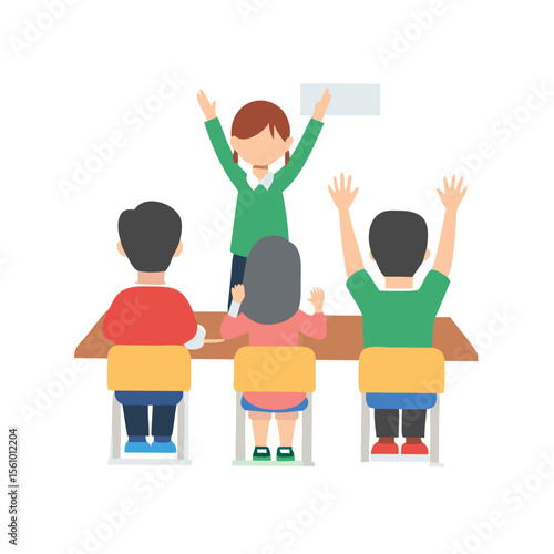 Teacher with students raising hands in classroom learning education