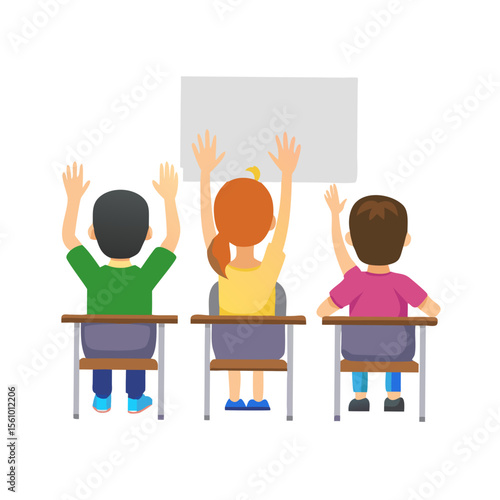 Students raising hands in classroom learning education