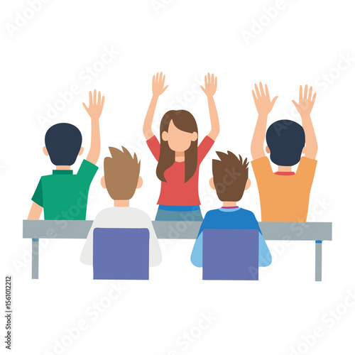 Children raising hands in classroom education learning