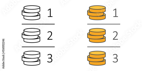Installment breakdown icon with stacked coins and numbered sections, ideal for finance, payment tracking, and BNPL illustrations.