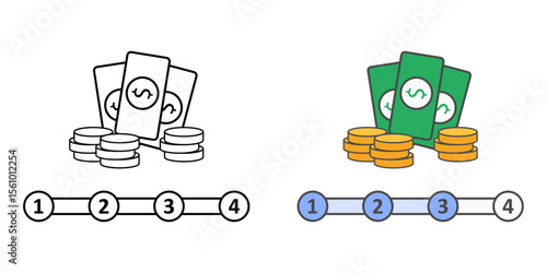 Installment progress tracker icon with money symbol and horizontal progress bar with payment milestones, ideal for BNPL and finance tracking illustrations.
