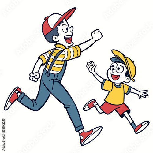 Cartoon boys running joyfully together chasing happy