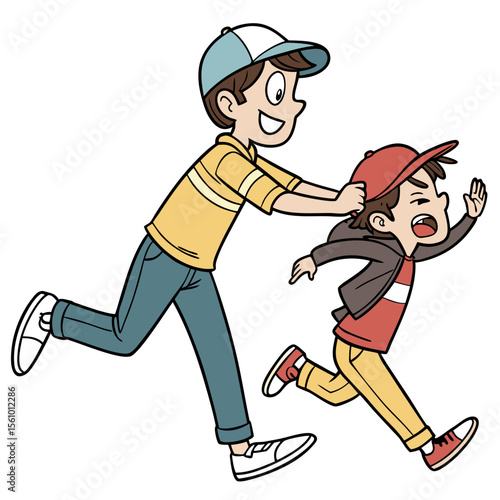 Boys chasing each other in comic style siblings running