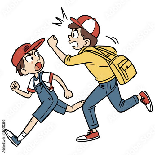 Boys chasing each other in comic style running cartoon