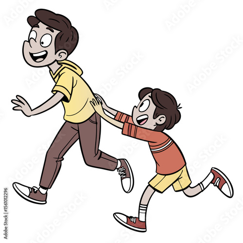 Boys chasing each other in comic style siblings running