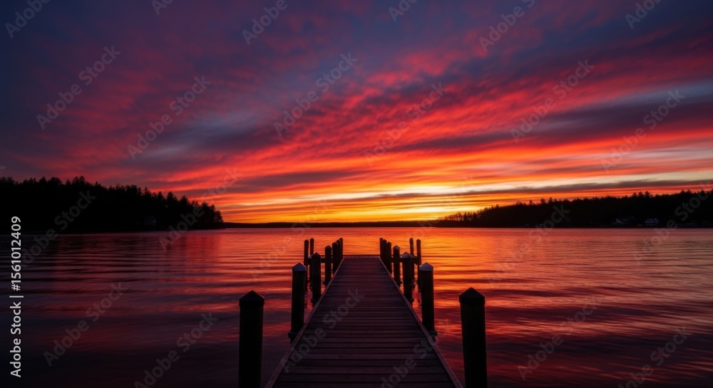 Fototapeta premium Spectacular fiery sunset paints the sky over a calm lake with a wooden pier