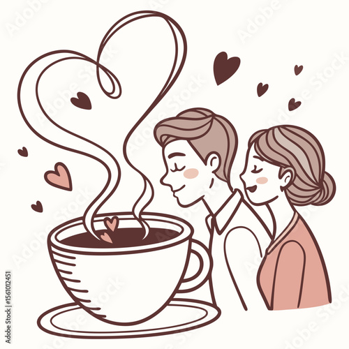 Couple enjoying coffee with heart shaped steam hearts love