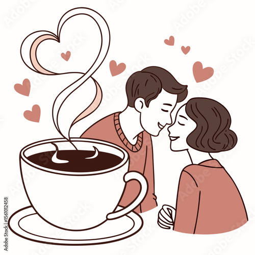 Couple sharing coffee with heart shaped steam and hearts romance