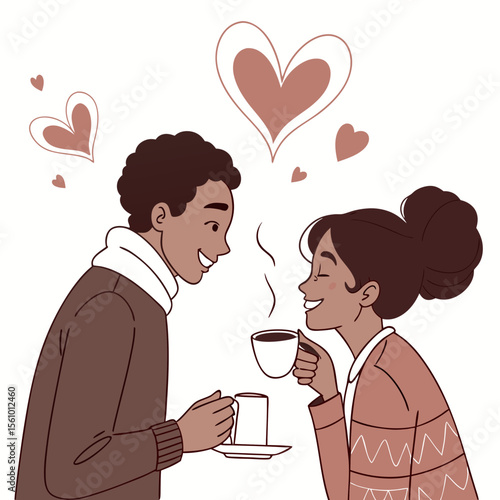 Couple sharing coffee with hearts steam vector