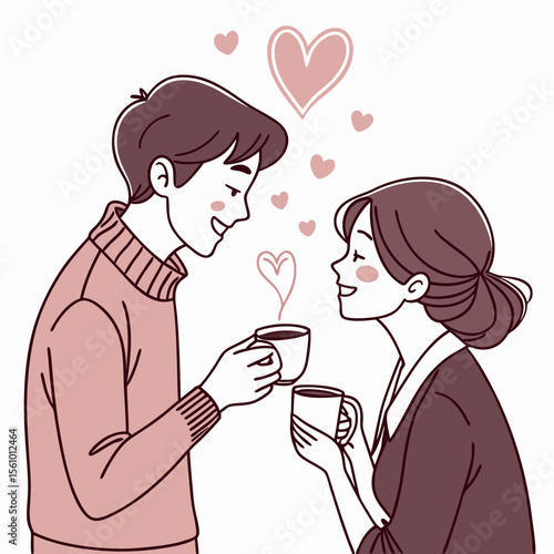 Couple enjoying coffee with hearts steam romance