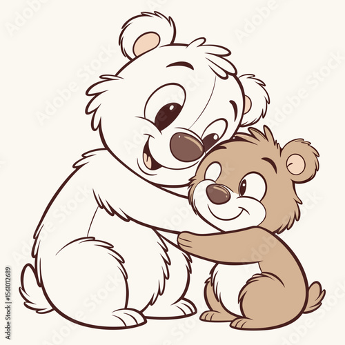 Two happy cartoon bears hugging closely cubs cuddling