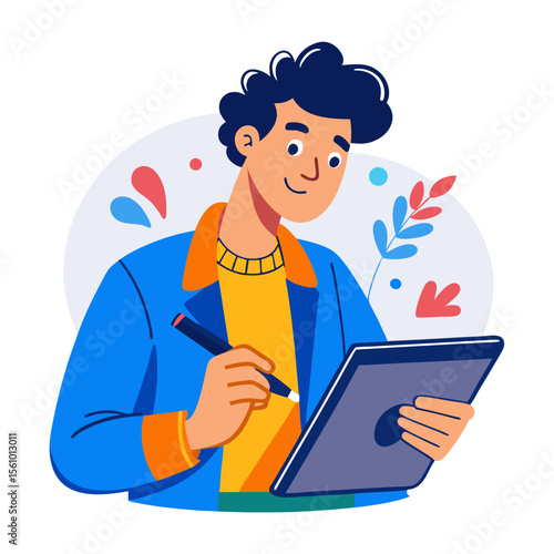 Young man drawing on digital tablet with stylus digital art artist