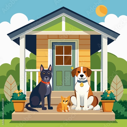 Dogs and cat on porch with house and sun vector